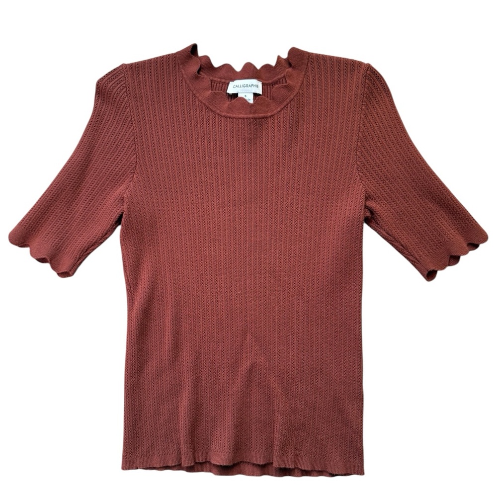Cavalini Women's Knit Scalloped Short Sleeve Crew Neck Top Rust‎ Small
